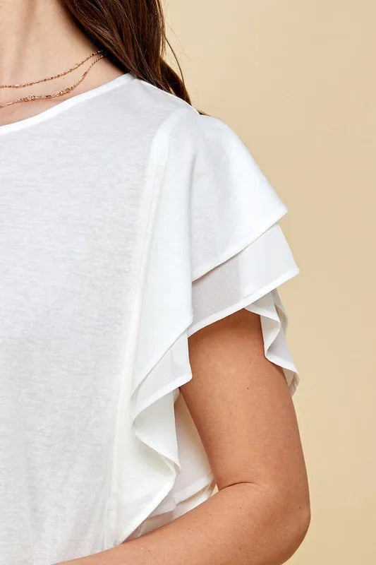 White Lime N Chili Round Neck Double Ruffle Cap Sleeve Top 1