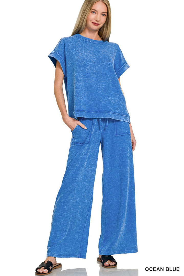 Ocean Blue Zenana Washed Slub Short Sleeve Tee Long Pants Set 2