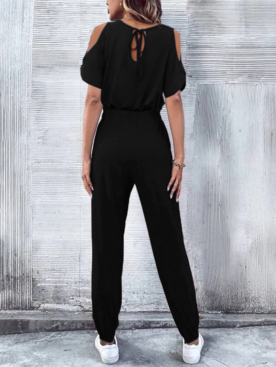 Black V Neck Cold Shoulder Jumpsuit With Pockets