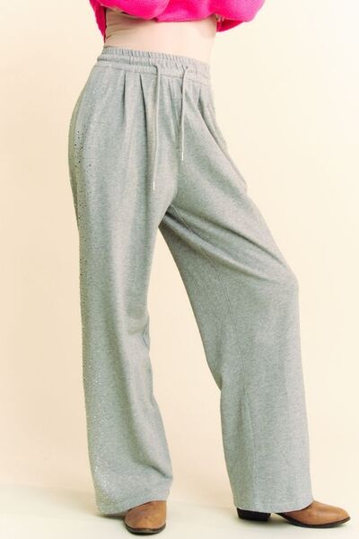 Davi Dani Rhinestone Elastic Waist Wide Leg Pants