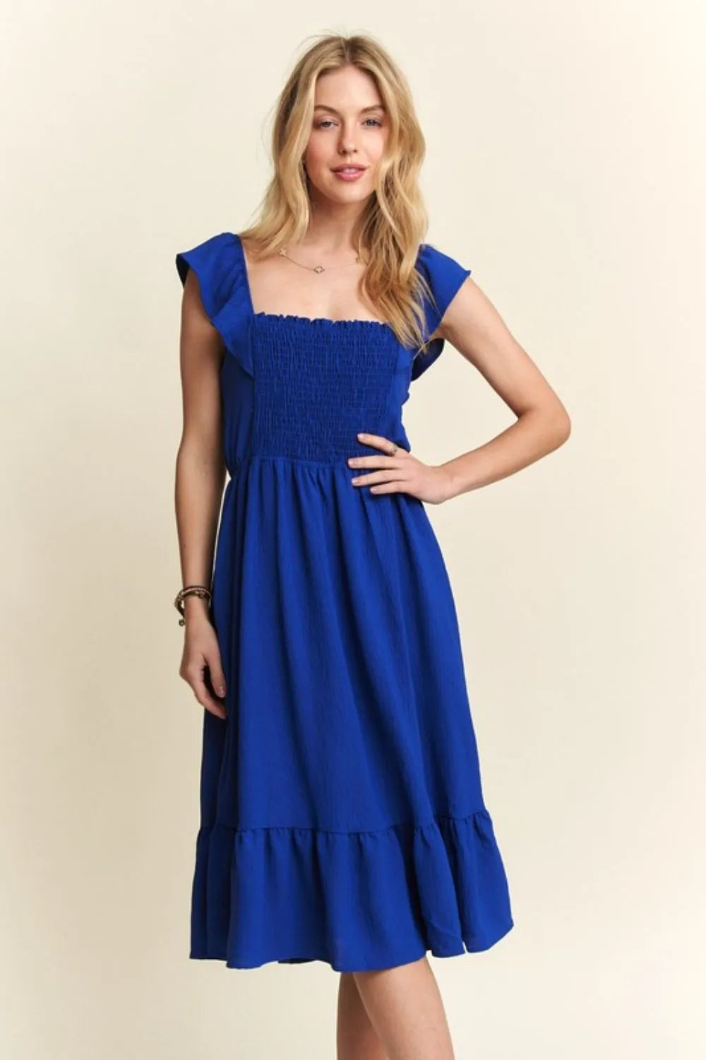 Royal Blue Adora Smocked Square Neck Ruffled Cap Sleeve Dress 1