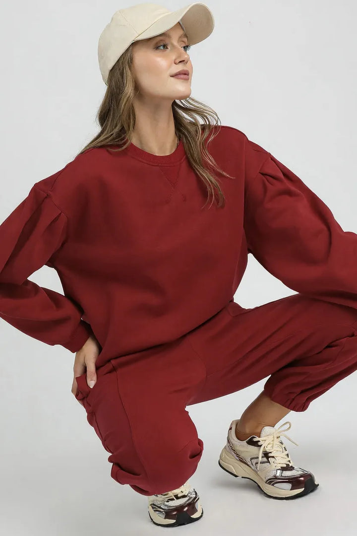 Burgundy Umgee Round Neck Sweatshirt With Pleated Detail 1