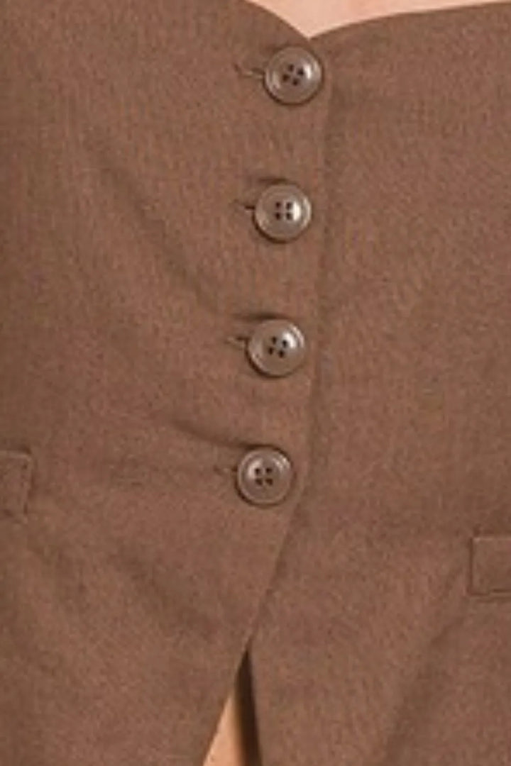 Brown Zenana Linen Tie Back 4 Button Vest With Lining