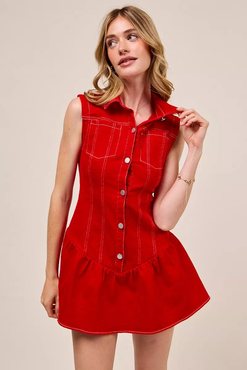 So Me Button Down Sleeveless Collared Game Day Mini Dress