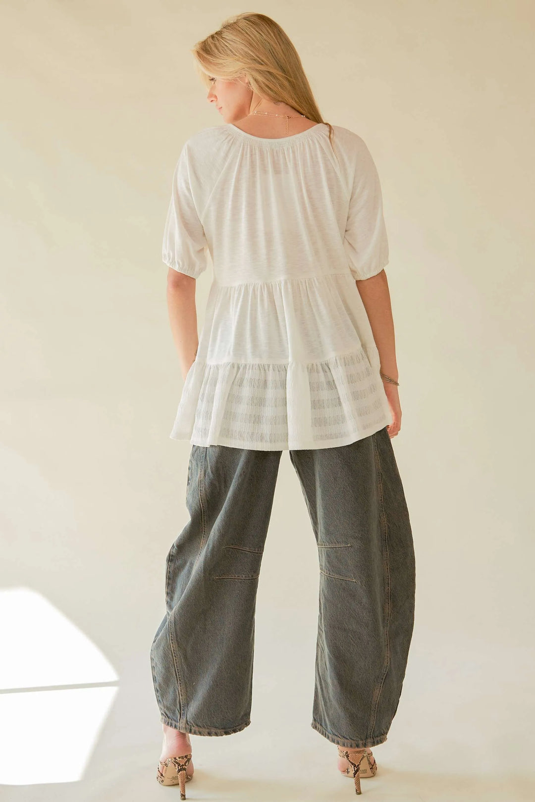 Davi Dani Ruffled Flared Short Sleeve V Neck Blouse