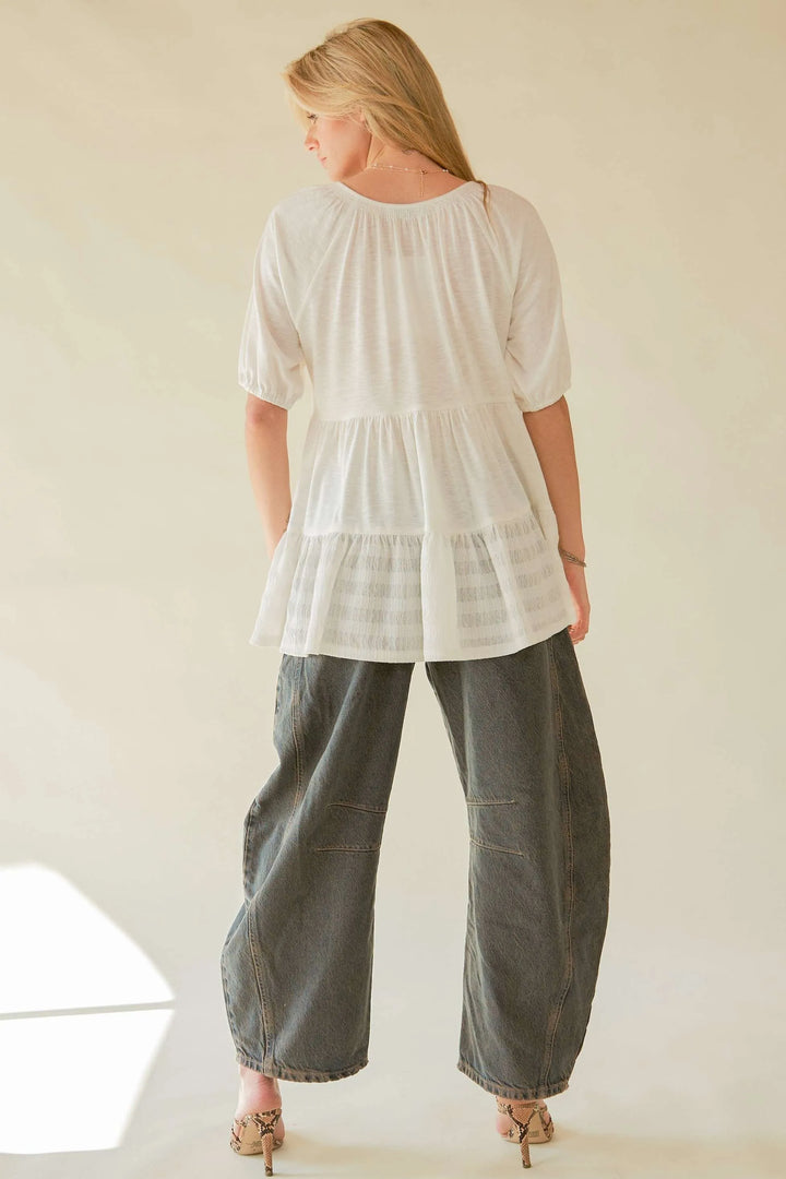 Davi Dani Ruffled Flared Short Sleeve V Neck Blouse