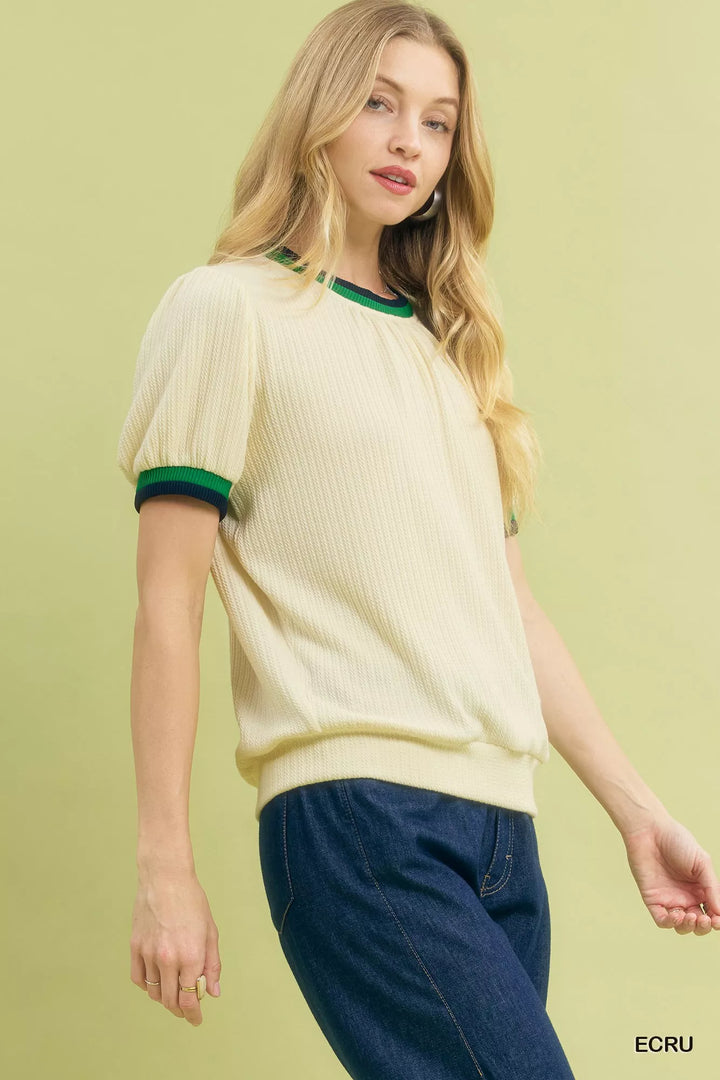 Ecru Umgee Puff Sleeve Knit Top With Contrast Rib Trim