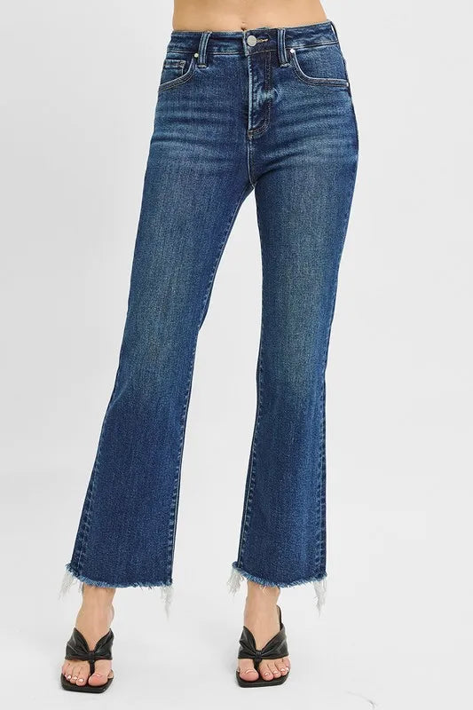 Dark Risen Tummy Control High Rise Crop Straight Raw Cut Hem Jeans