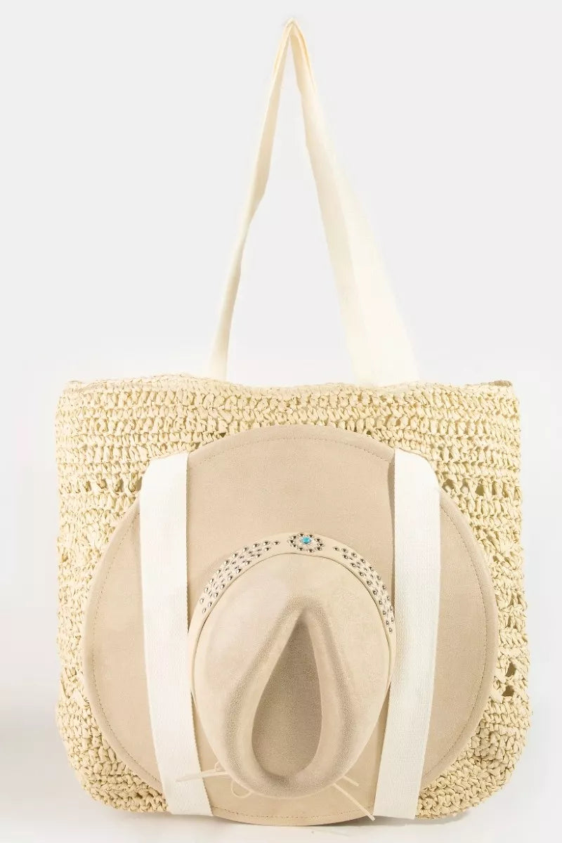 Fame Large Straw Braided Tote Bag With Hat Holder