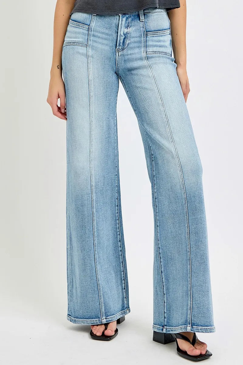 Medium Risen Full Size Mid Rise Wide Jeans With Front Patch Pocket Plus Size