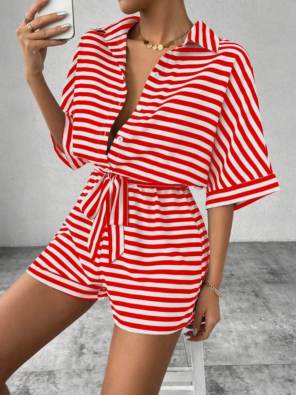 Red Tie Waist Half Button Striped Romper
