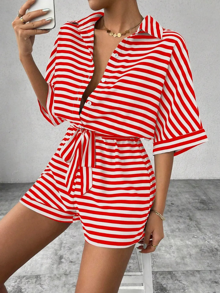 Red Tie Waist Half Button Striped Romper