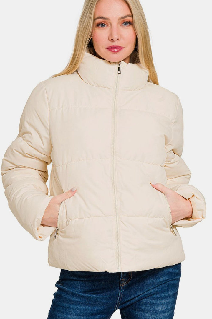 Cream Zenana Zip Up Turtleneck Puffer Jacket With Pockets
