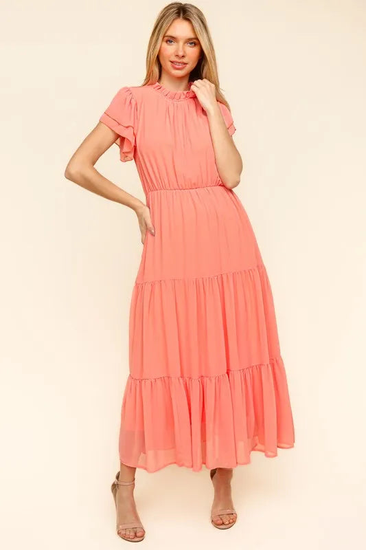 Peach Haptics Full Size Tiered Frill Mock Neck Short Sleeve Dress