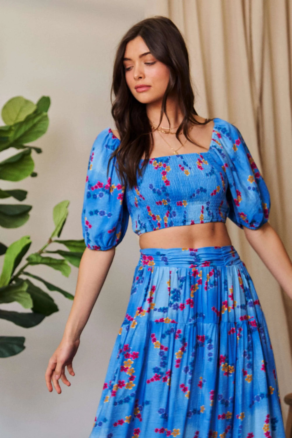 Ocean Blue Davi Dani Smocing Bodice Puff Short Sleeve Printed Crop Top