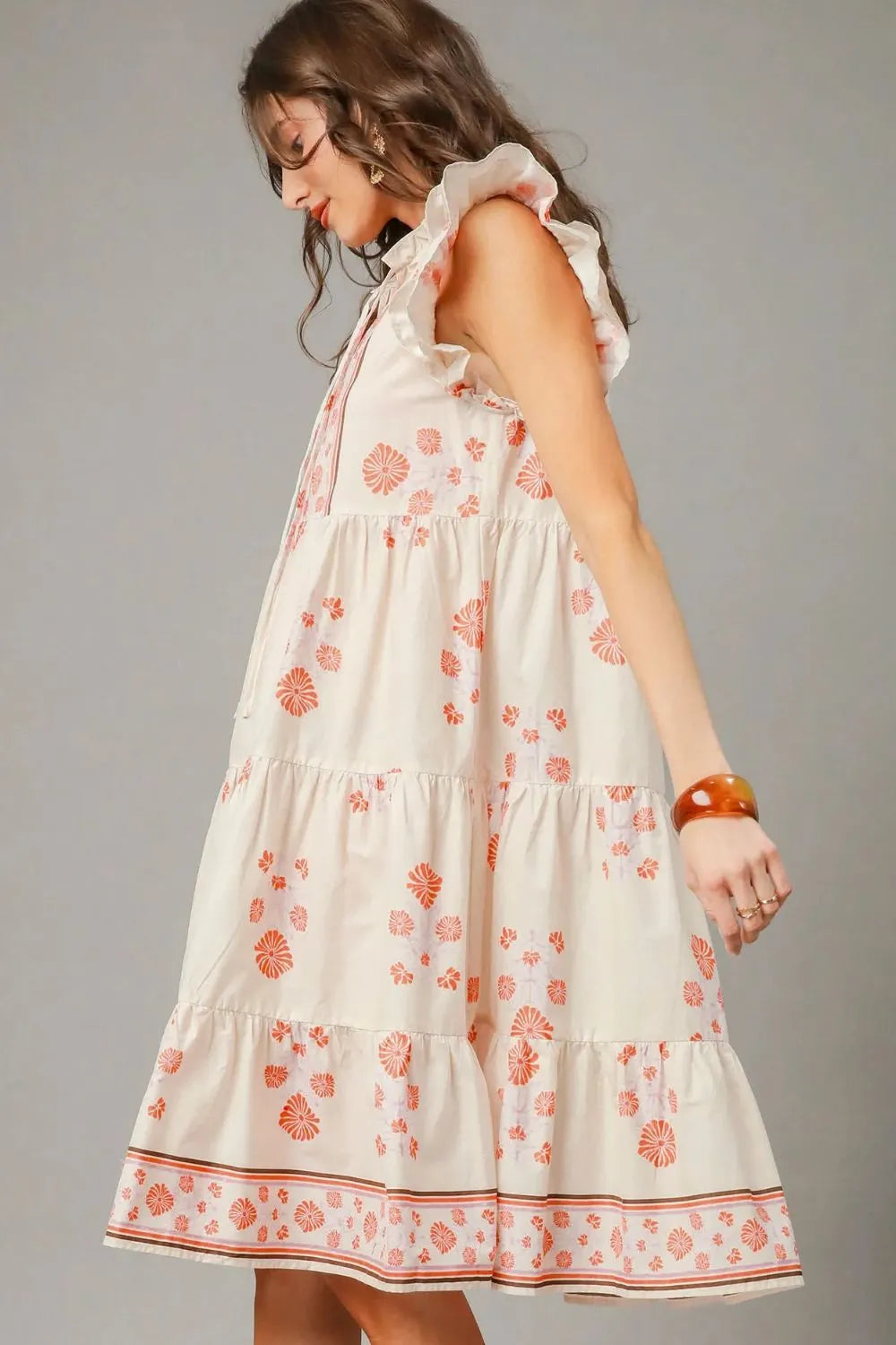 Burnt Coral Umgee Printed Tie Neck Ruffle Cap Sleeve Dress