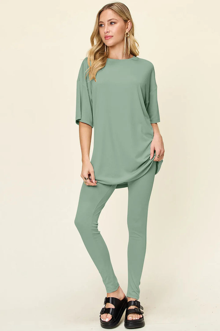 Mocha Double Take Full Size Round Neck Dropped Shoulder T Shirt And Leggings Set