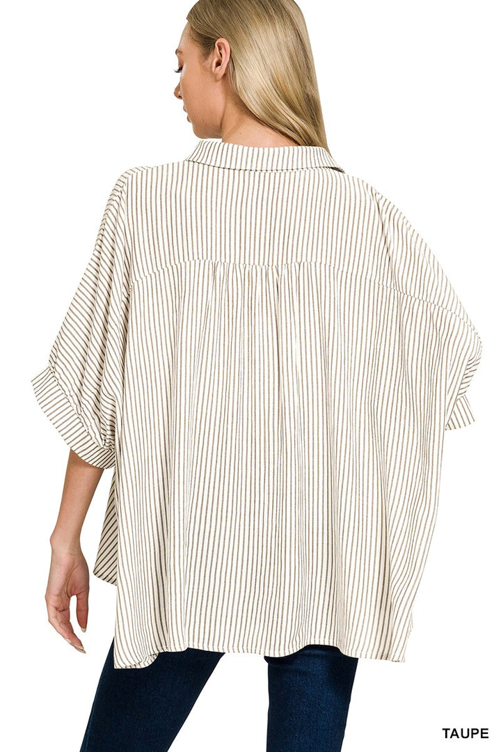 Taupe Zenana Full Size Woven Stripe Button Down Boxy Shirt Plus Size 1