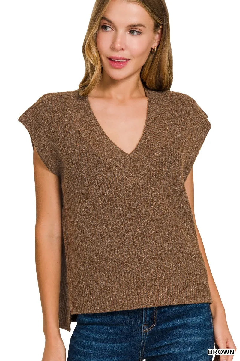 Brown Zenana Oversized Sweater Vest With Side Slit 2