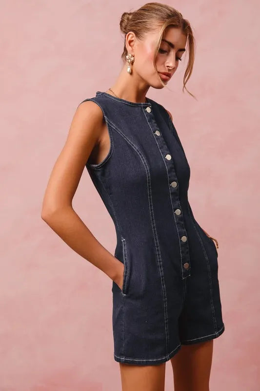 So Me Button Up Front Washed Denim Sleeveless Romper