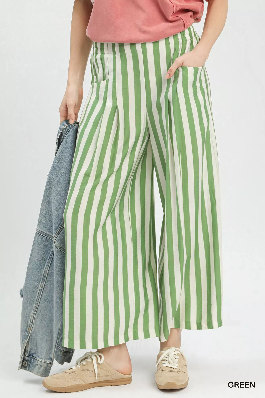 Green Umgee Vertical Stripe Wide Leg Pants