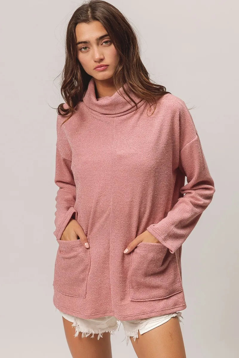 Mauve Bibi Piper Rib Double Pocket Turtle Neck Sweater