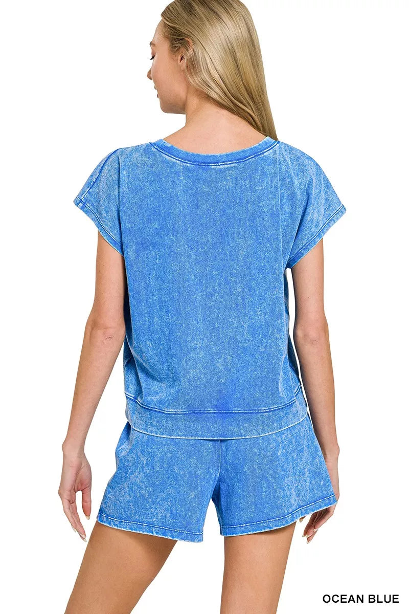 Ocean Blue Zenana Premium Cotton Washed Sleeveless Top Shorts Set 1