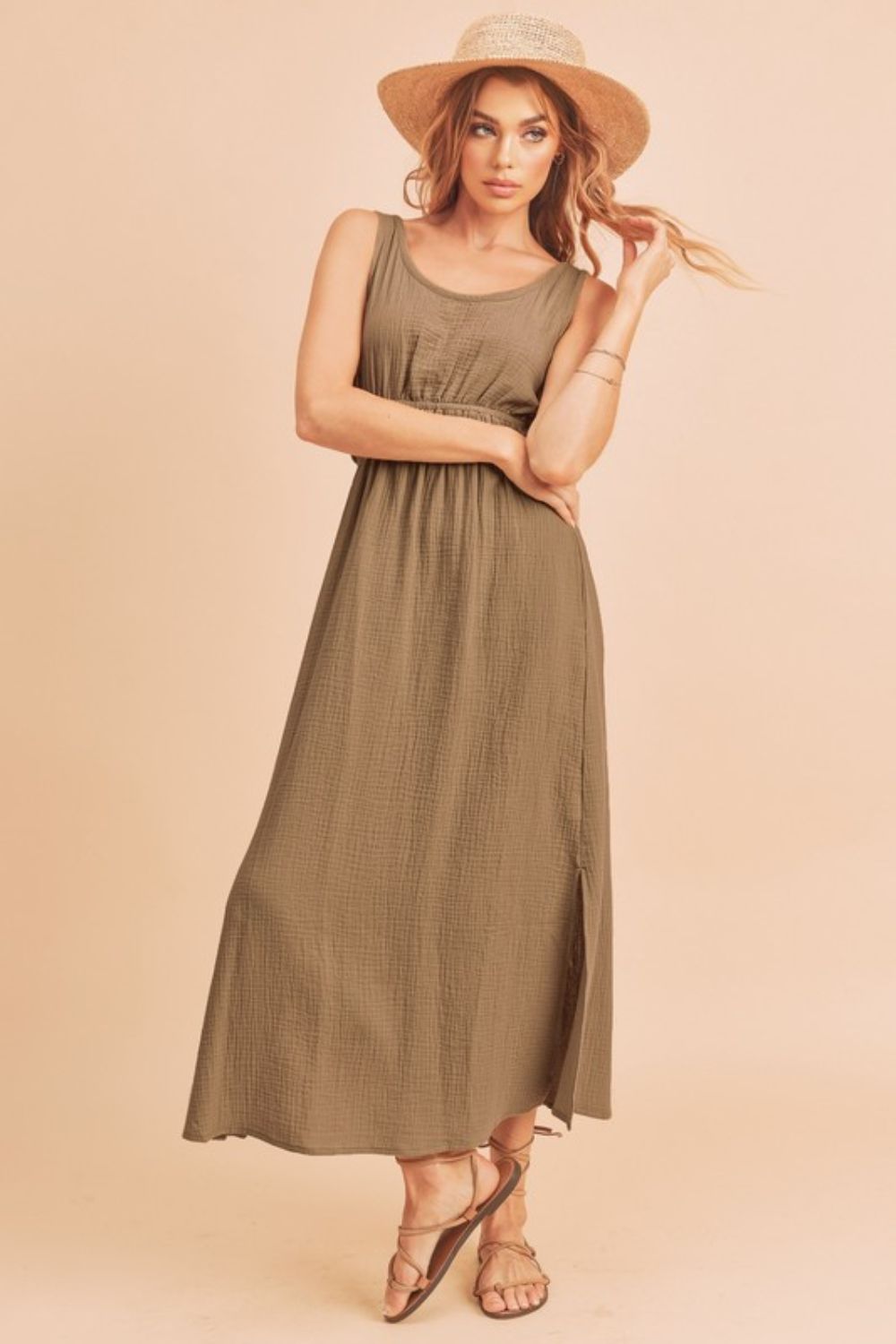 Taupe Aemi Co Side Slit Round Neck Sleeveless Tank Dress 2