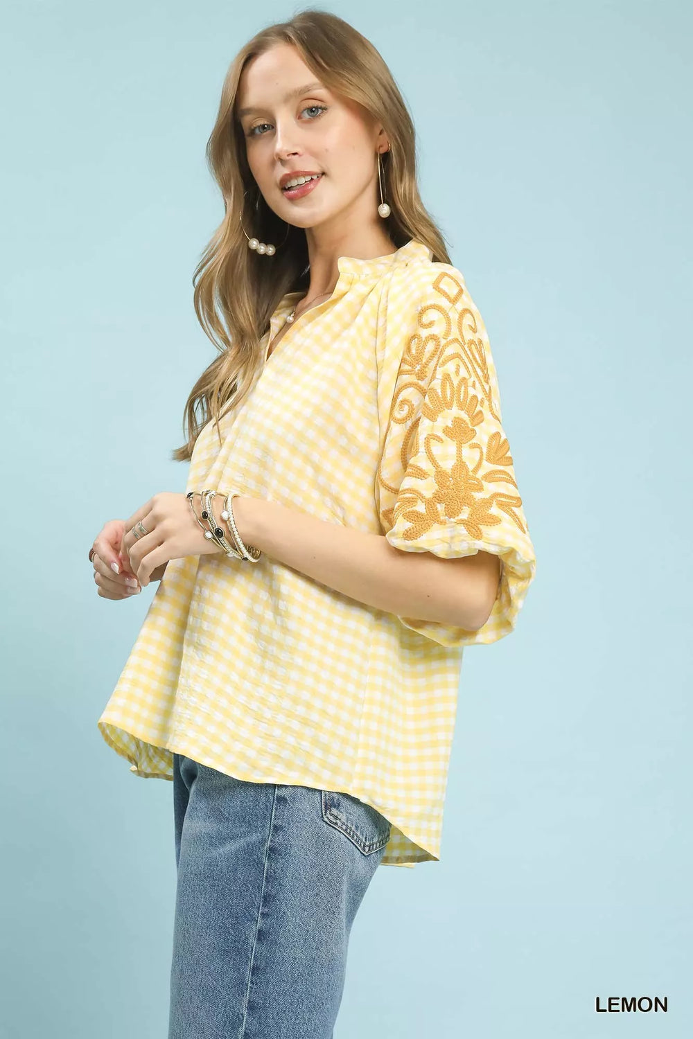 Lemon Umgee Gingham Embroidered Balloon Sleeve Top 1