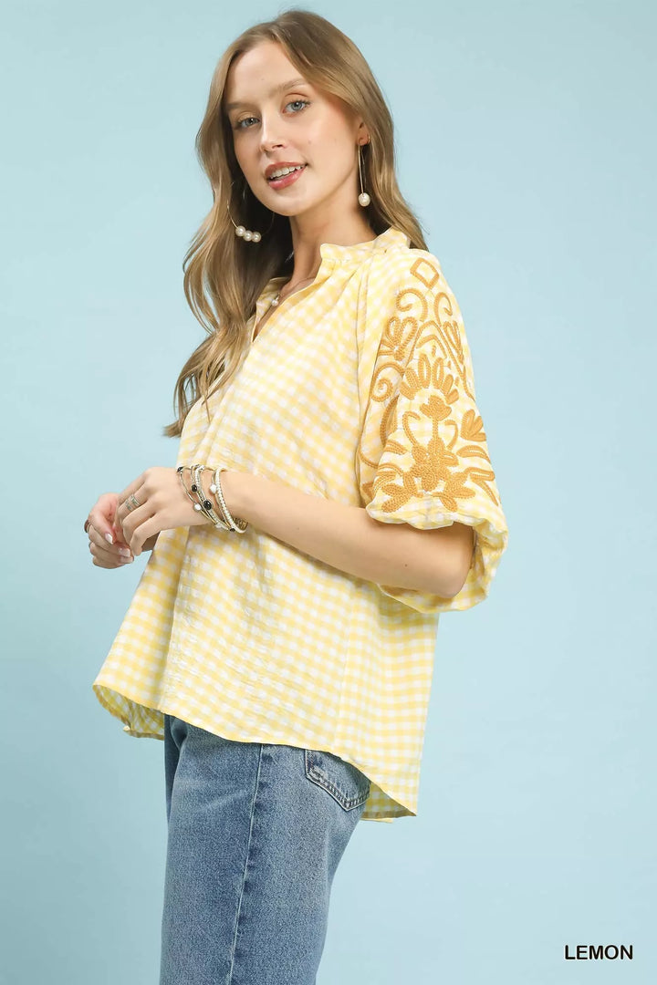 Lemon Umgee Gingham Embroidered Balloon Sleeve Top 1