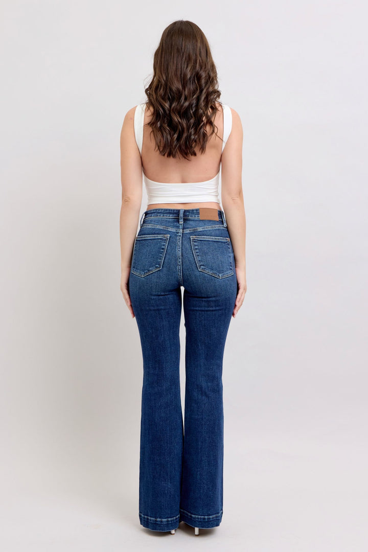 Dark Judy Blue Full Size High Rise Flare Jeans With Pockets Plus Size