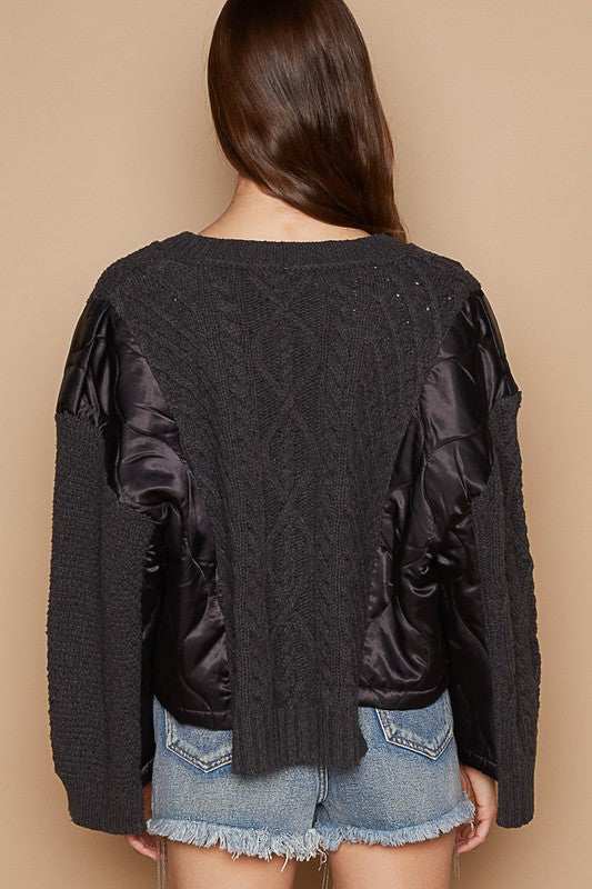 Black Pol Cable Knit Quilting Patch V Neck Sweater