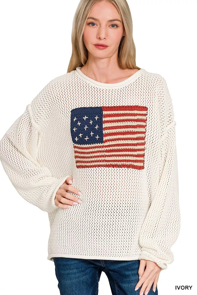 Ivory Zenana American Flag Crew Neck Sweater 1