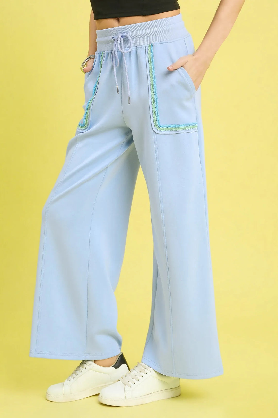 Ice Blue Umgee Drawstring Wide Leg Pants With Scallop Trim Detail