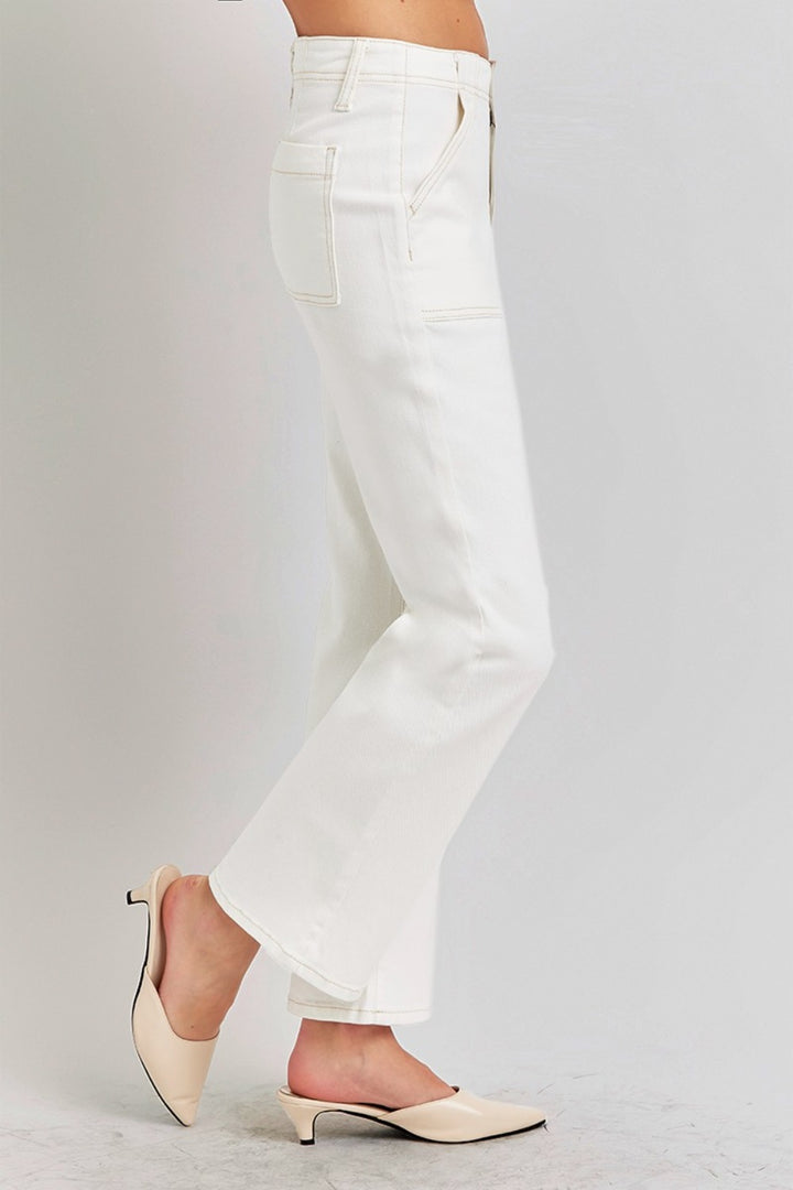 Cream Risen High Rise Ankle Flare Jeans With Patch Pockets