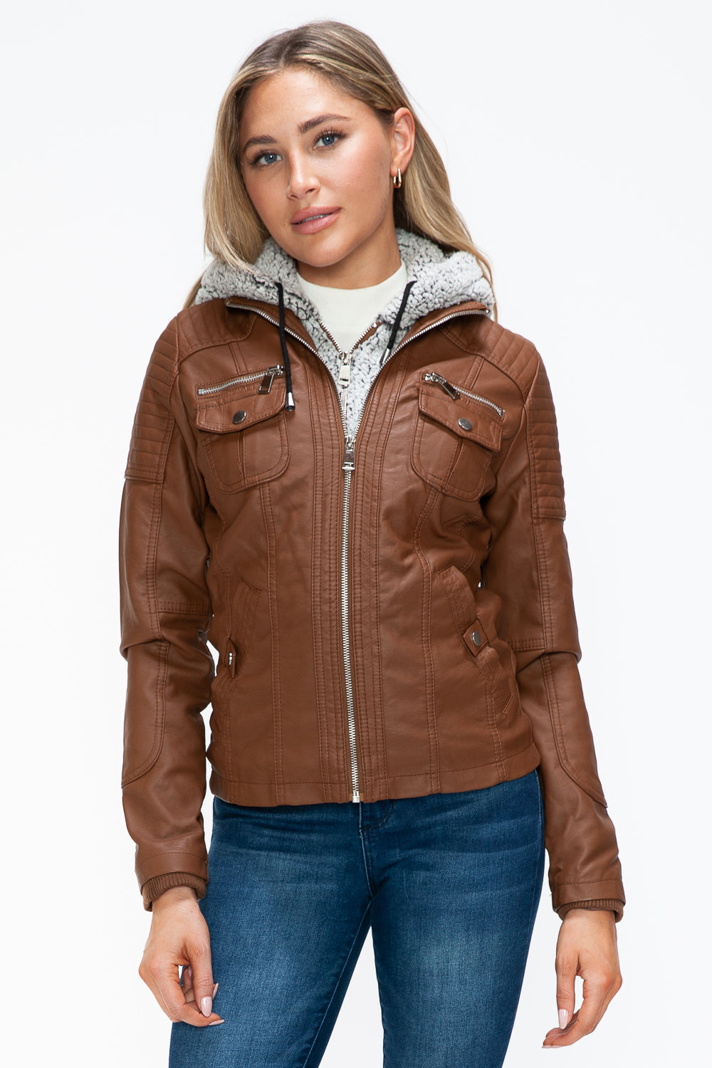 Rust Ymi Removable Faux Layered Multi Pocket Jacket With Fuzzy Hood 2