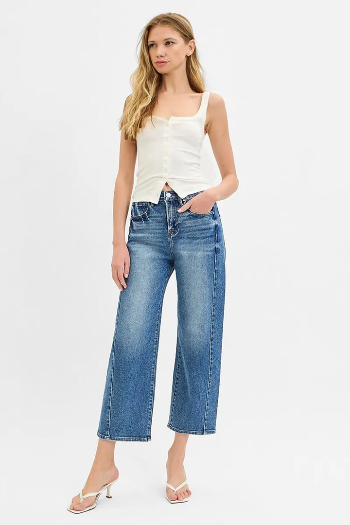 Dark Risen High Rise Crop Length Barrel Adjustable Waist Band Jeans