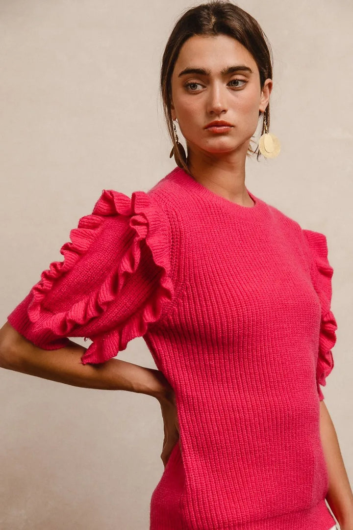 Fuchsia Bibi Ruffle Sleeve Ribbed Sweater