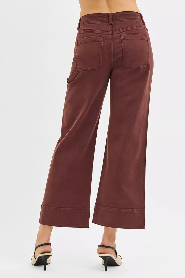 Choco Brown Risen Tummy Control High Rise Crop Wide No Waist Band Pants