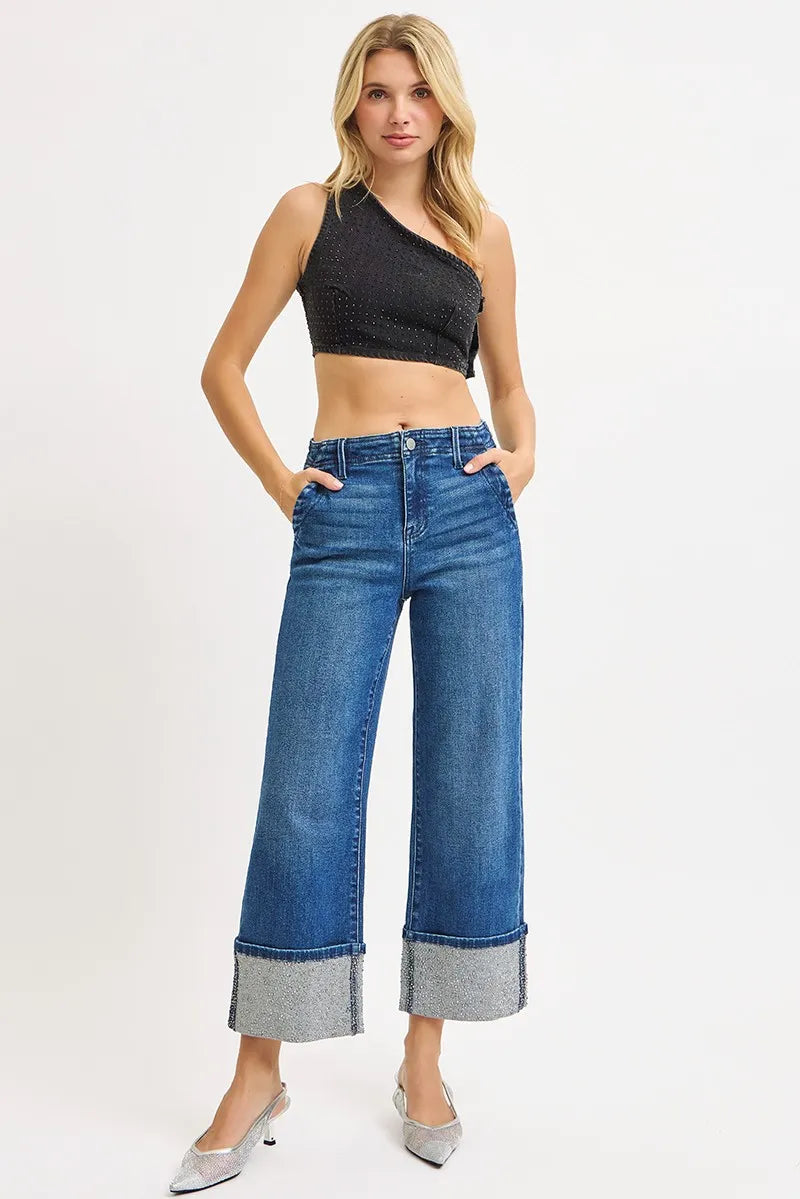 Dark Risen High Rise Ankle Wide Rhine Stone Cuffed Jeans