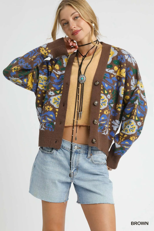 Brown Umgee Floral Knit Button Up Cardigan 1