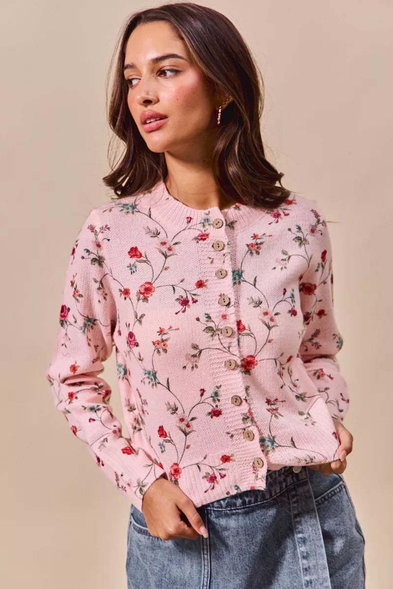 Blush So Me Floral Print Button Front Sweater Cardigan Top