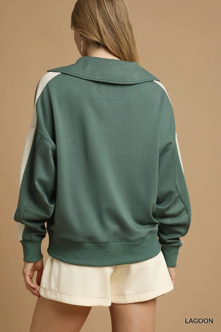 Lagoon Umgee Contrast Long Sleeve Sweatshirt With Collar