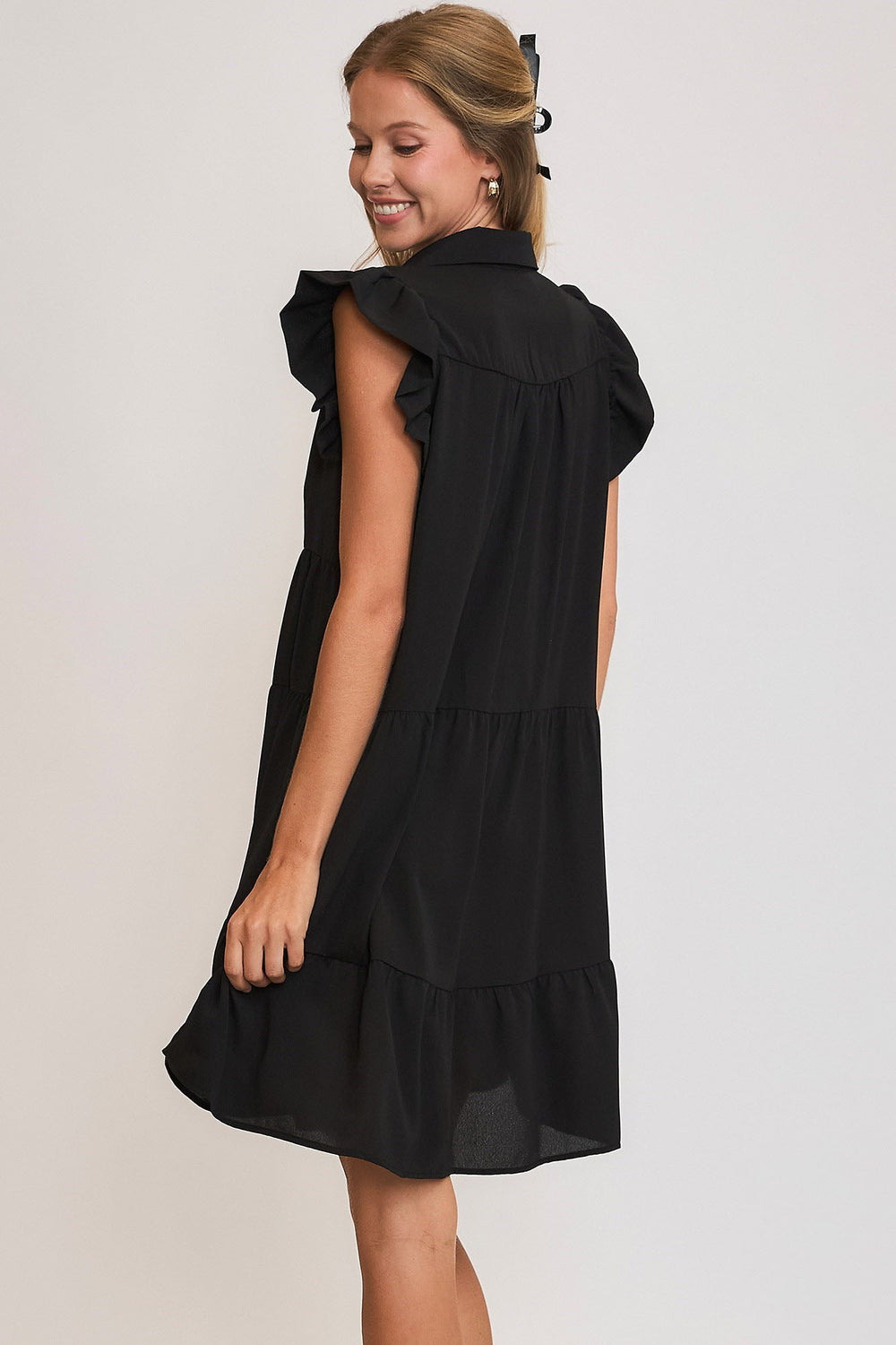 Black Umgee Full Size Johnny Collar Ruffle Cap Sleeve Tiered Dress Plus Size 1