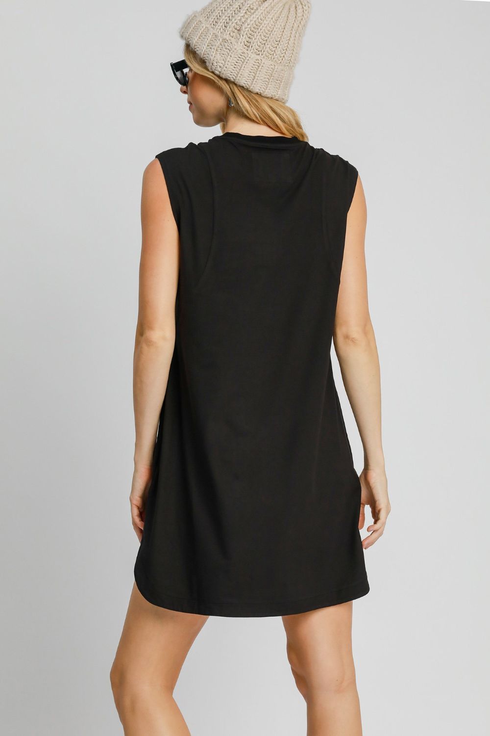 Black Umgee Round Neck Sleeveless High Low Curved Hemline Mini Dress