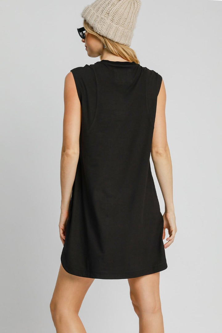 Black Umgee Round Neck Sleeveless High Low Curved Hemline Mini Dress