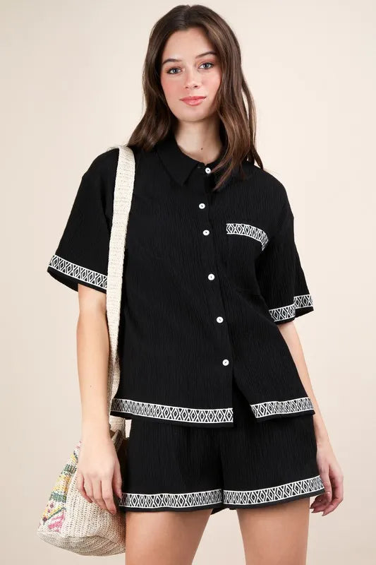 Black Very J Crinkled Woven Shirt Top Shorts Set