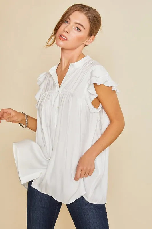 White Annie Wear Ruffle Sleeve Shirred Flowy Woven Tunic Shirts 1