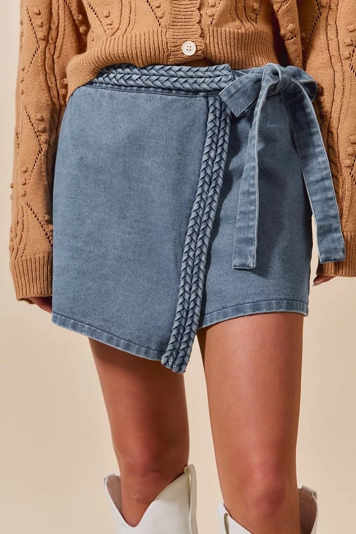 Blue So Me Wrap Braided Trimmed Denim Skort