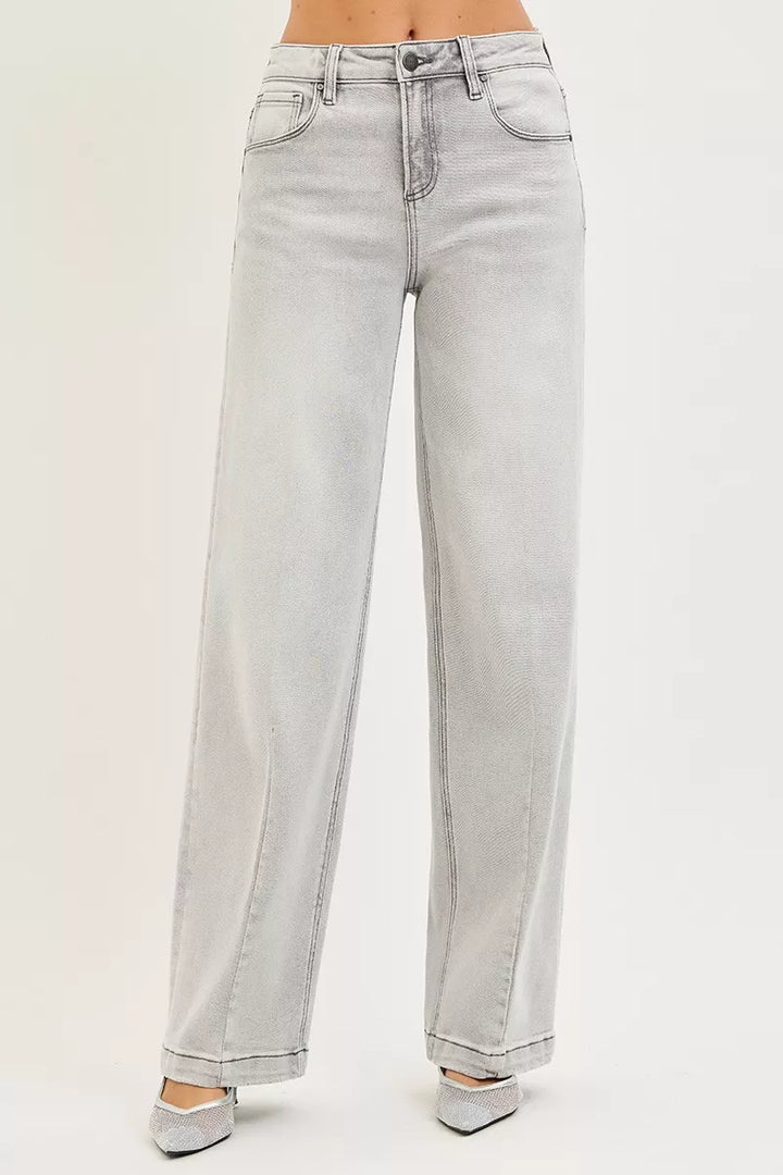 Light Grey Risen Slouchy Baggy Jeans With Contrast Stitching